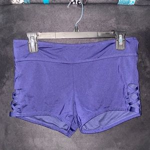 Navy blue swim shorts criss cross side detailing